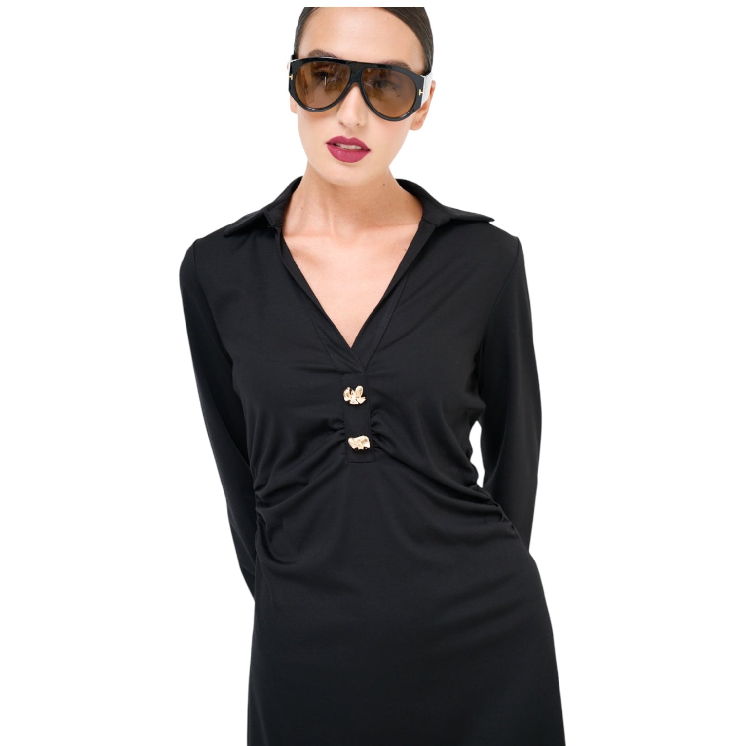 Elegantes Damen Midikleid mit Kragen & Goldknöpfen – Langarm, Midi - Elissima