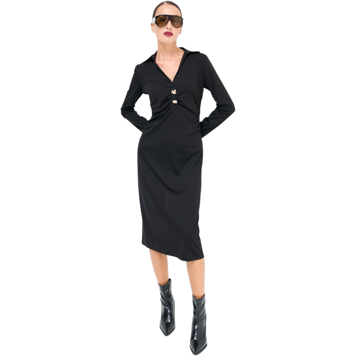 Elegantes Damen Midikleid mit Kragen & Goldknöpfen – Langarm, Midi - Elissima