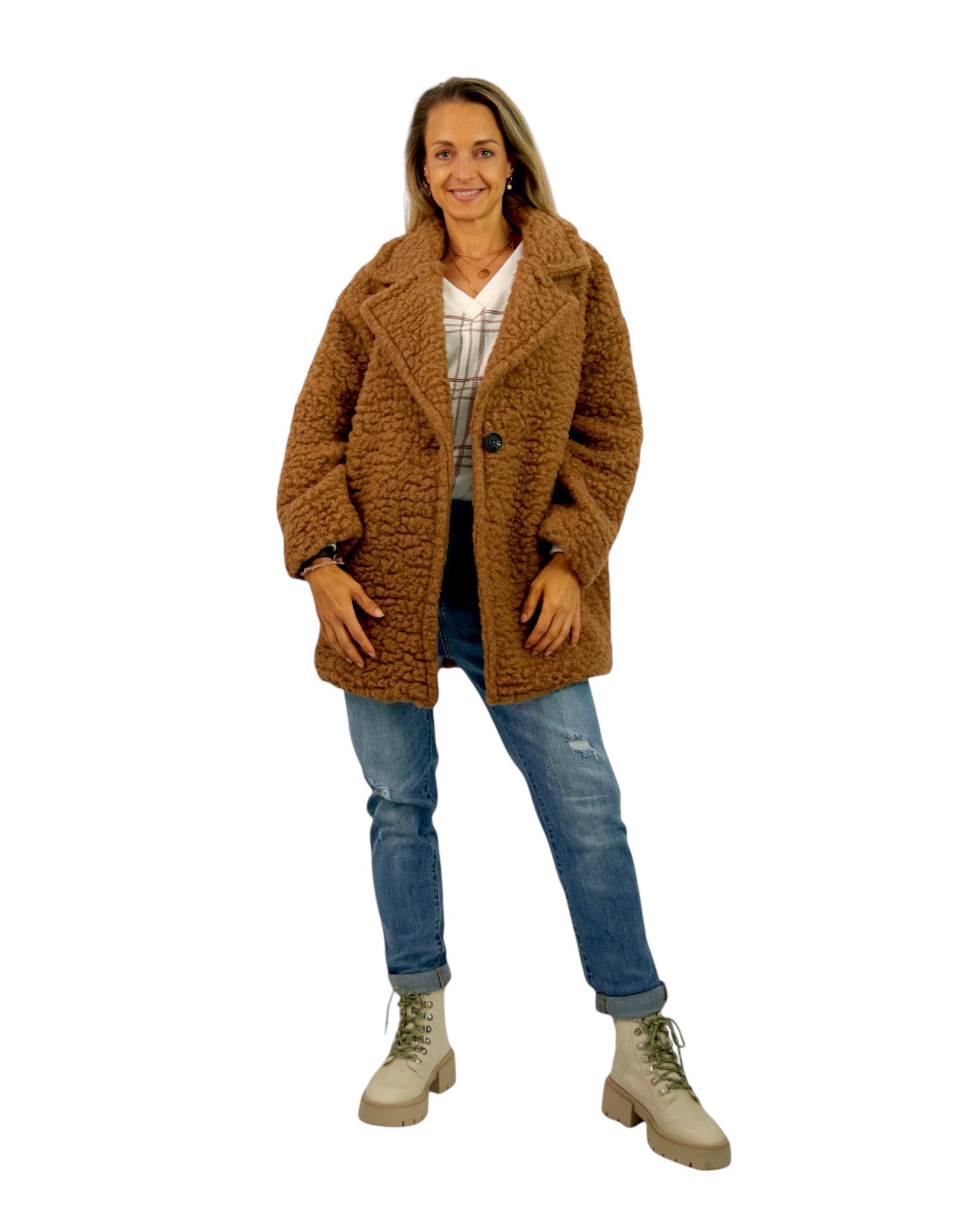 Mantel in Schafsfelloptik in Camel - trendy, komfortabel und kuschlig - Elissima