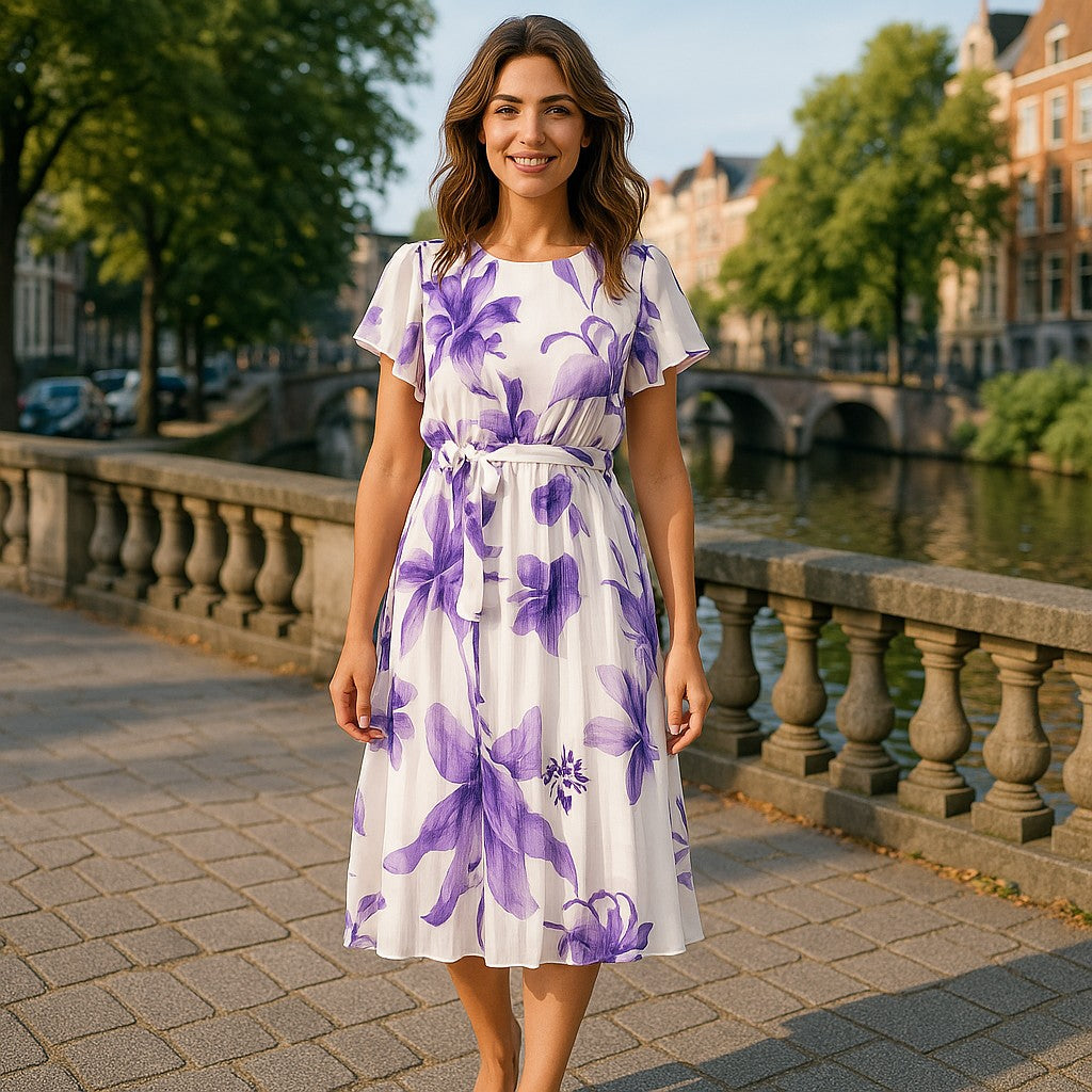 Elegantes A-Linien Kleid mit Blumenmuster plissiert - Elissima