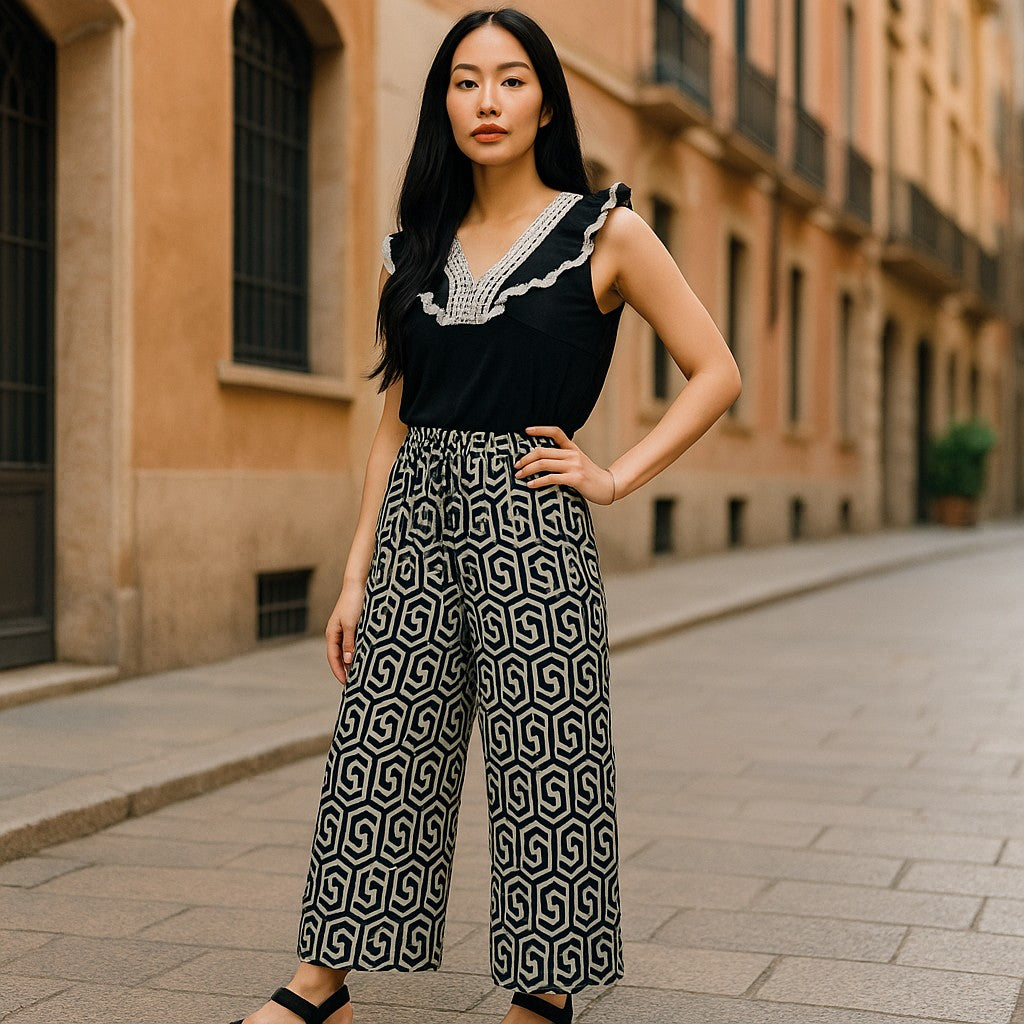 Wide Leg Hose mit Kordelzug und Gummizug - Elissima