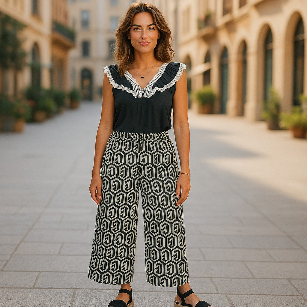 Wide Leg Hose mit Kordelzug und Gummizug - Elissima