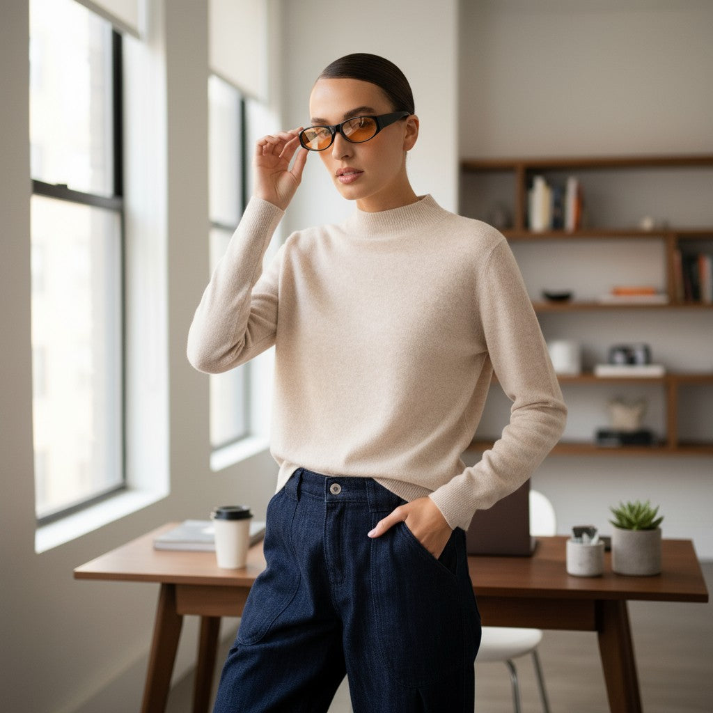 Eleganter Damen Stehkragenpullover – Kaschmir-Mix Strick