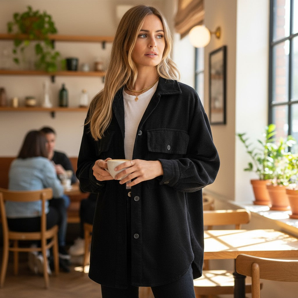 Oversize Cordjacke in Schwarz - Elissima