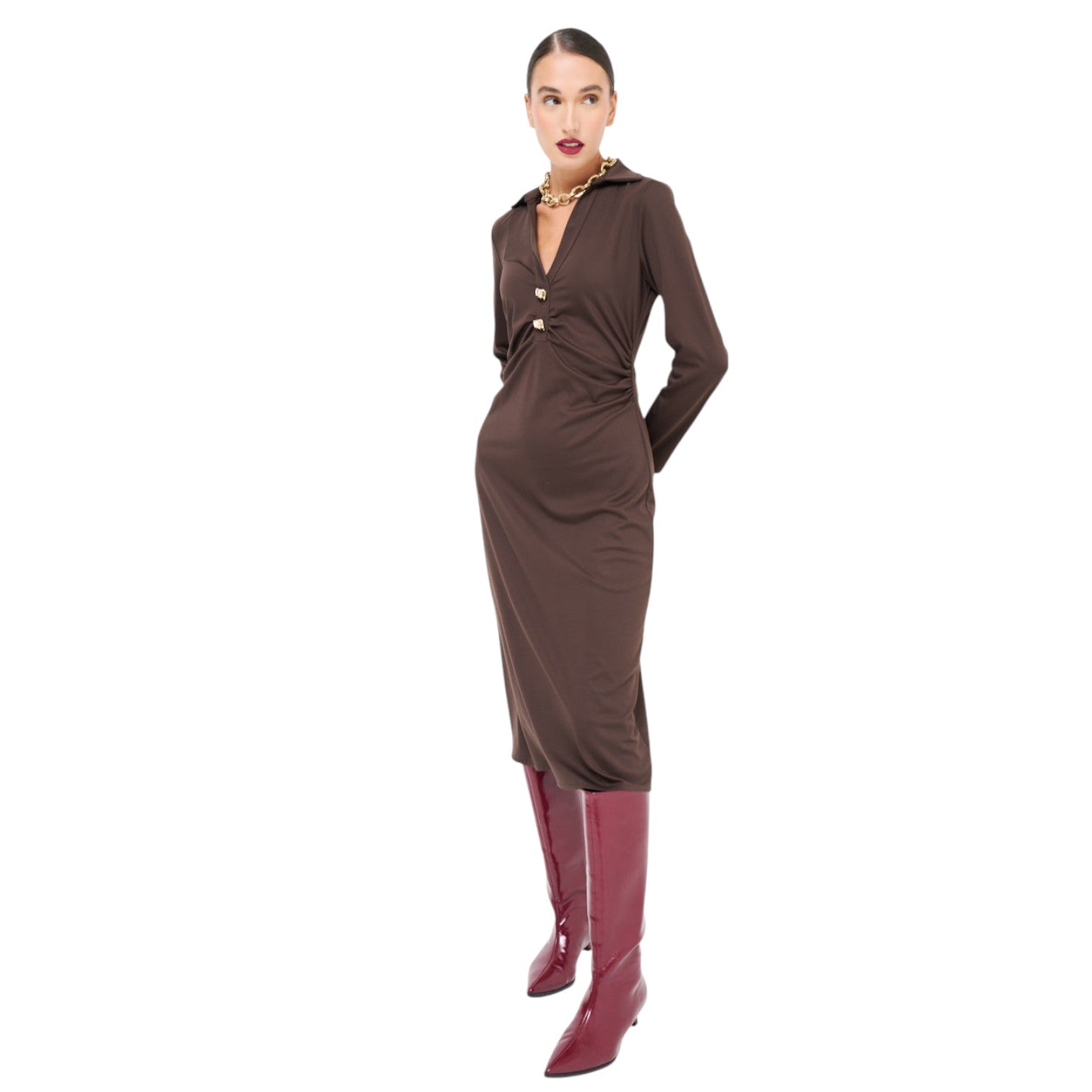 Elegantes Damen Midikleid mit Kragen & Goldknöpfen – Langarm, Midi