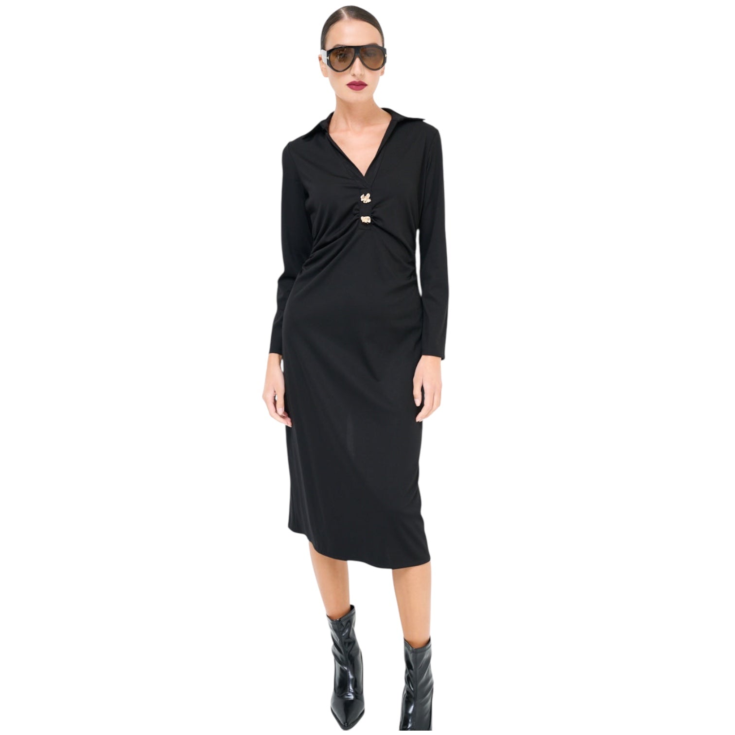 Elegantes Damen Midikleid mit Kragen & Goldknöpfen – Langarm, Midi