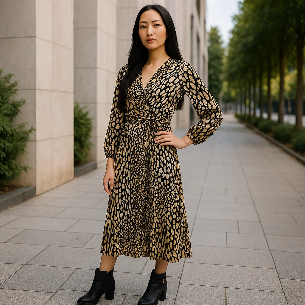 Knöchellanges, trendiges Kleid in schwarz-beige gemustert - Elissima 