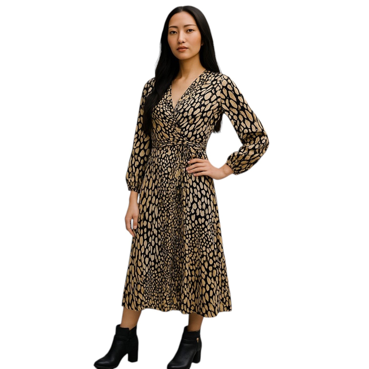 Knöchellanges, trendiges Kleid in schwarz-beige gemustert