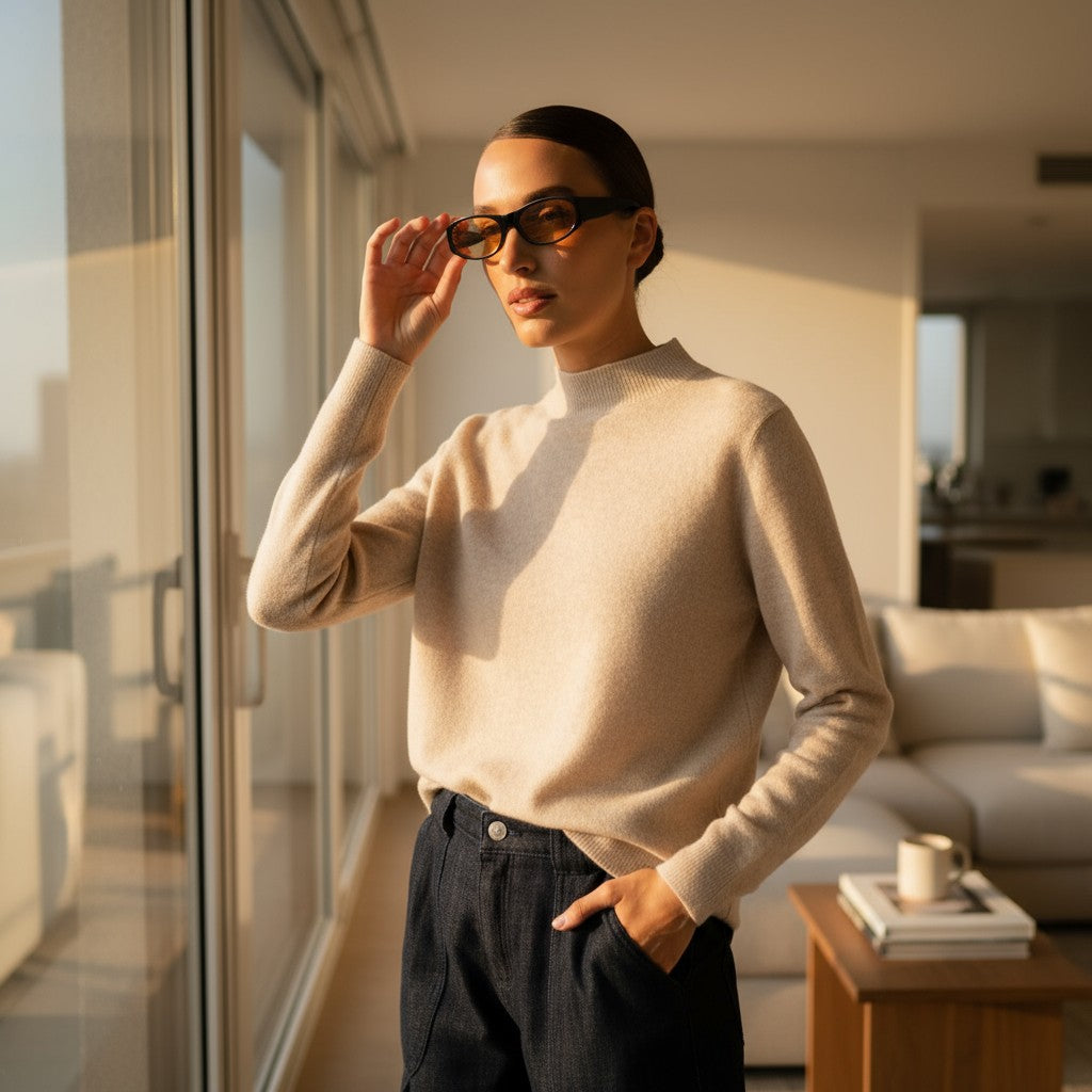 Eleganter Damen Stehkragenpullover – Kaschmir-Mix Strick