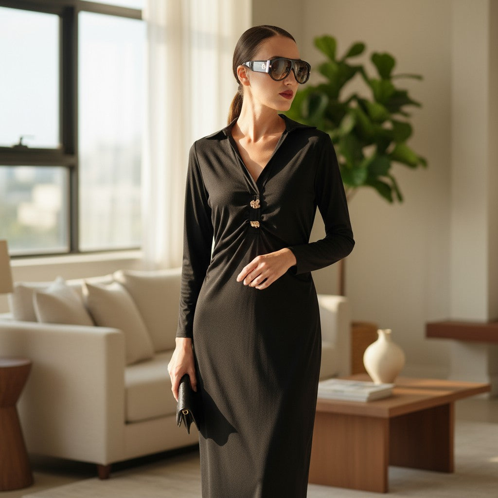 Elegantes Damen Midikleid mit Kragen & Goldknöpfen – Langarm, Midi - Elissima 