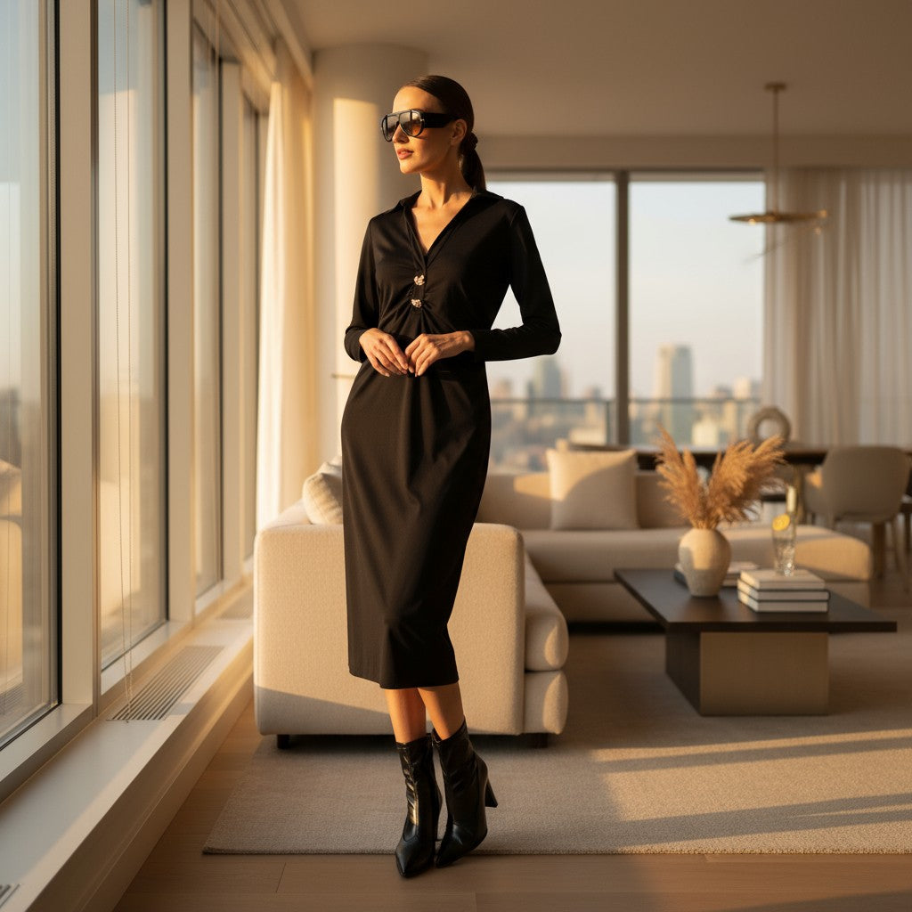 Elegantes Damen Midikleid mit Kragen & Goldknöpfen – Langarm, Midi